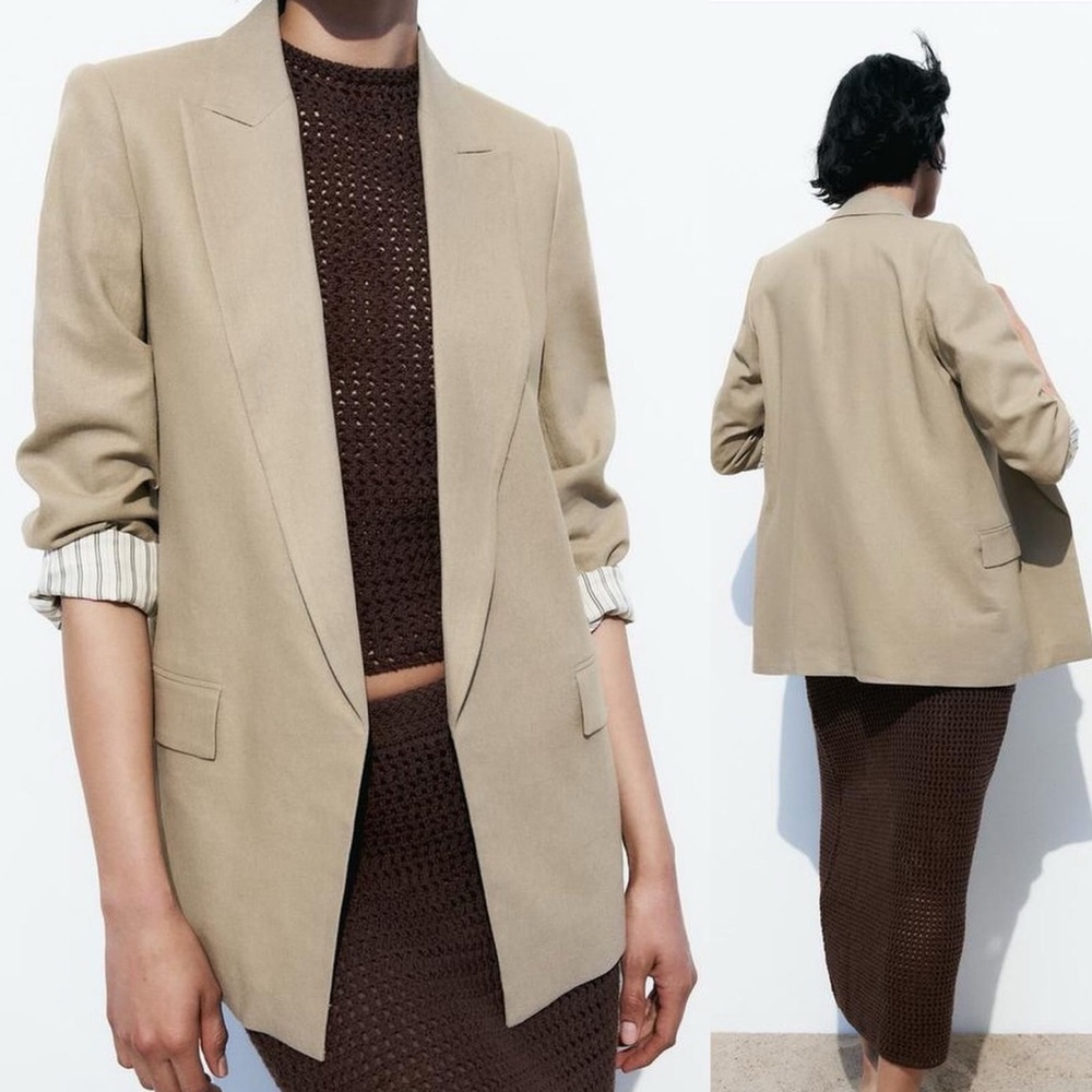 Zara LINEN BLEND ROLL-UP SLEEVE OPEN BLAZER Beige Size M NEW